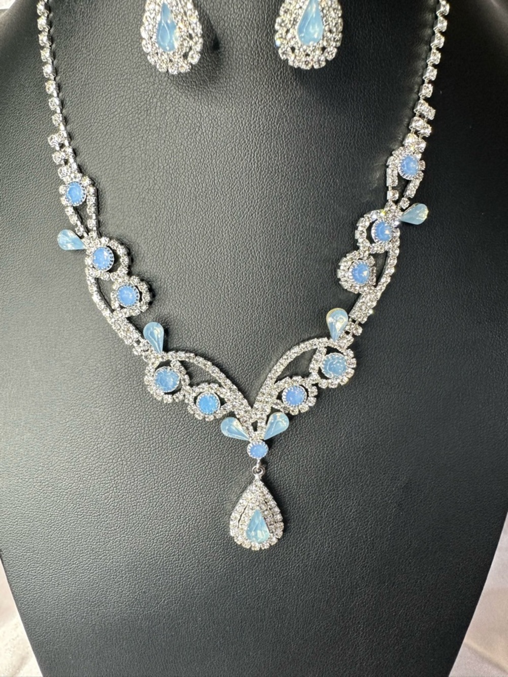 Ice Blue Crystal Necklace & Earrings Set Silver Tone | Bridal Prom Formal - Picture 4 of 15